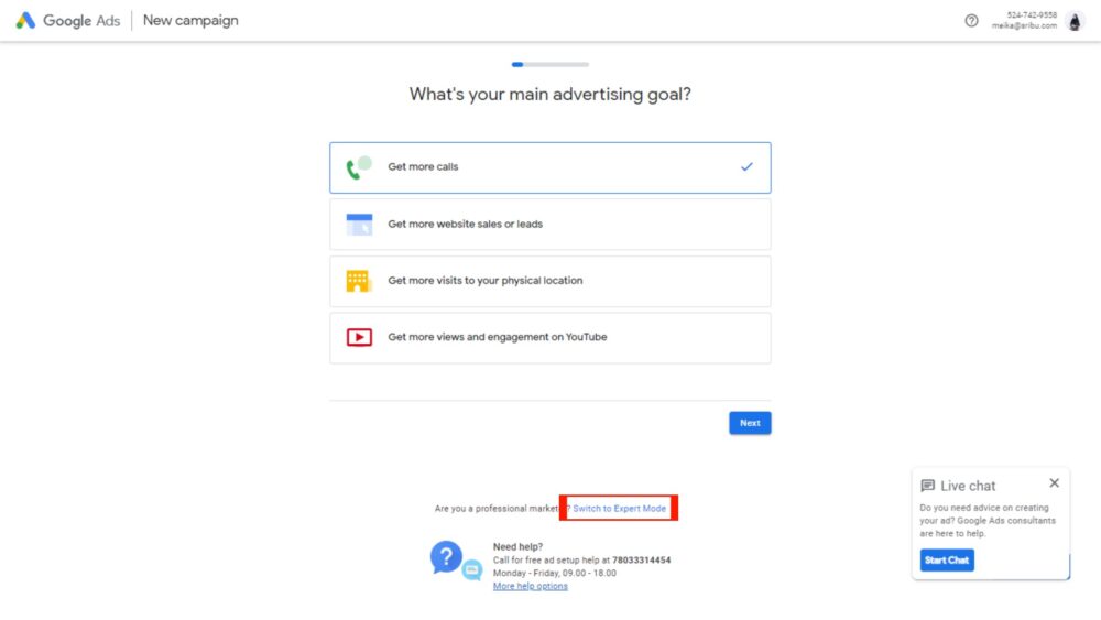 Pilihan goals pada Google Ads