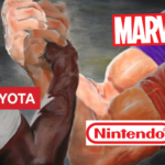 three way epic handshake meme depicting marvel nintendo and toyota