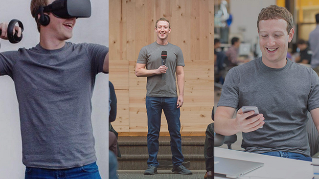 Mark Zuckerberg menggunakan kaos berwarna abu-abu yang sama, di hampir semua acara publik