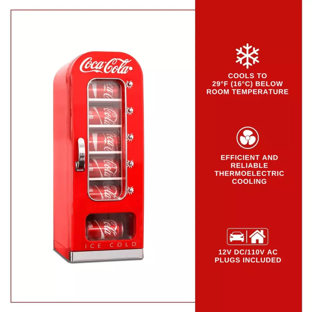 Coca-Cola Retro Vending Machine Mini Fridge with description of its features
