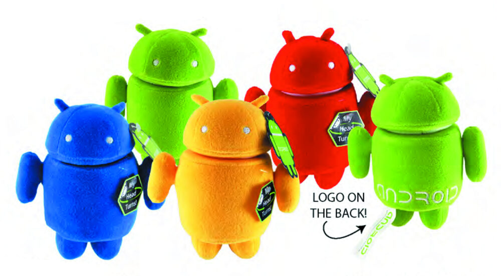 5 android plush toys colored red, green, lime, blue, and orange