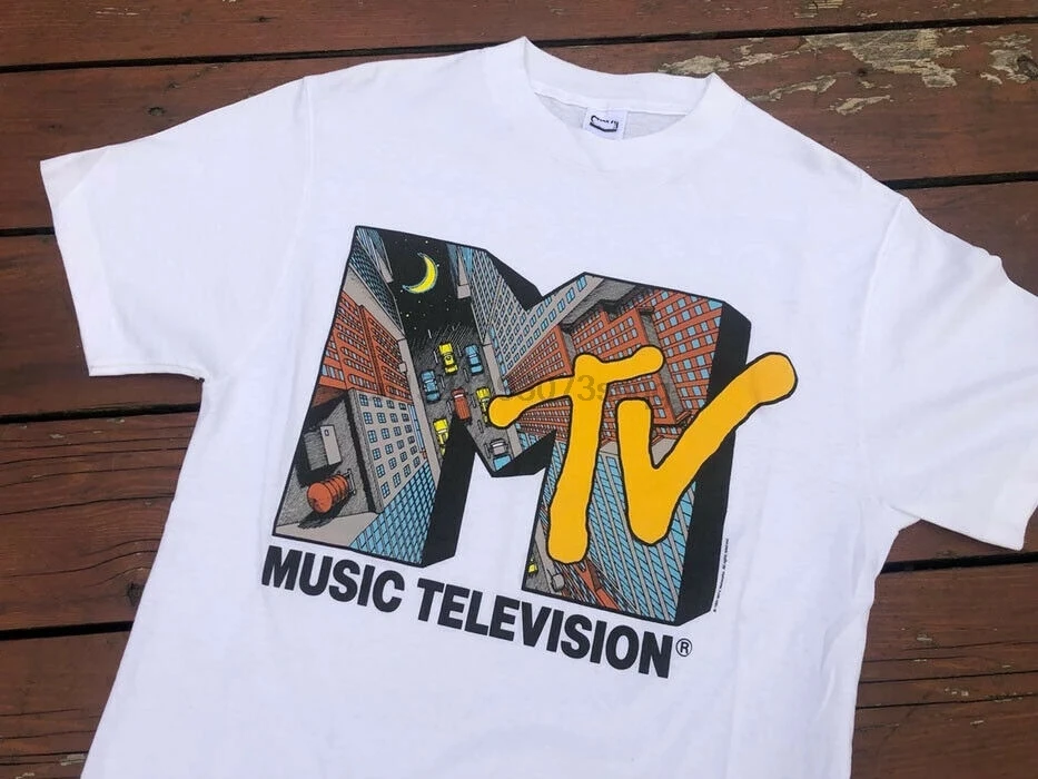 mtv's white shirt with a 90s logo design